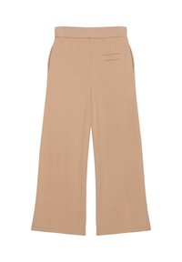 Spodnie o szerokich nogawkach w jasnym beżowym kolorze z gładkiej tkaniny, z elastycznym paskiem w talii i dwoma bocznymi kieszeniami. Prosty detal tylnej kieszeni.