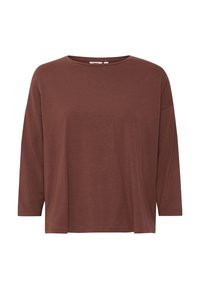 T-shirt marrone a maniche lunghe in tessuto morbido. Orlo dritto e vestibilità rilassata con scollo ampio e spalle scese. Nessun motivo o dettaglio visibile.