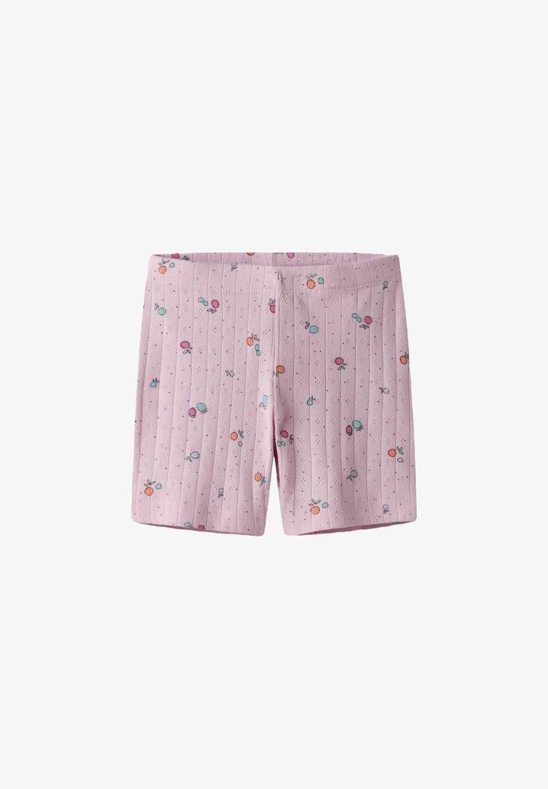 Pantaloni corti rosa a coste con un motivo di piccoli fiori e cerchi colorati, dotati di una vita elasticizzata per una vestibilità comoda.