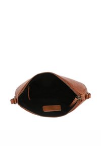 Braune Ledertasche mit Reißverschluss und schwarzer Innenauskleidung. Verfügt über eine flache Tasche und verstellbaren Träger. Runde, kompakte Form.