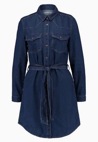 Langærmet mørkeblå denimskjortekjole med brystlommer, knaplukning foran, klassisk krave og bælte til at binde om taljen.