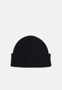 Black knit beanie with ribbed texture. Features a foldable cuff and a rounded crown, made from soft fabric suitable for cold weather.