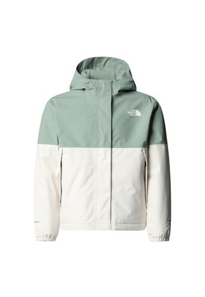 Lightweight hooded jacket featuring a mint green upper and white lower section. Made from smooth material, includes elastic cuffs and a logo.