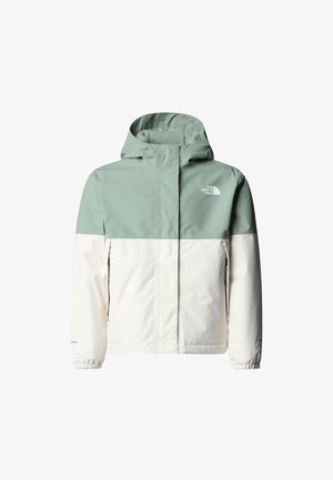 Veste à capuche légère avec une partie supérieure vert menthe et une partie inférieure blanche. Fabriquée en matériau lisse, elle comprend des poignets élastiques et un logo.