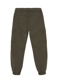 Olijfgroene cargobroek met een flexibele tailleband, zijzakken en elastische boorden. Gelaagd stof met een zachte afwerking.