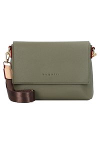 Sac à épaule en cuir vert olive avec rabat pliable, quincaillerie dorée et une sangle réglable marron. Affiche le nom de la marque "bugatti" en relief.