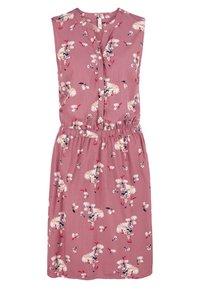 Ärmlös rosa klänning med blommönster, knäppning framtill och elastisk midja. Tillverkad av lätt tyg med en avslappnad passform.