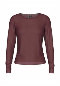 Burgundy långärmad topp gjord av genomskinligt, lätt tyg. Har en rund halsringning och en figurnära design med ribbad textur.