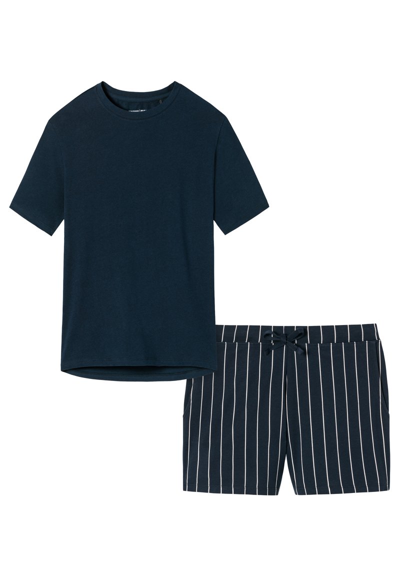 Marineblauw katoenen T-shirt met korte mouwen, gecombineerd met marineblauwe gestreepte shorts met een verstelbare tailleband en zijzakken.