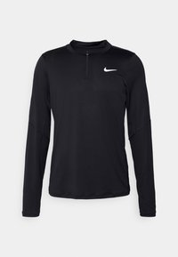 Musta pitkähihainen urheilu paita, jossa on korkea kaulus, vetoketjuyi yksityiskohta ja valkoinen Nike-logo vasemmassa rinnassa. Valmistettu kevyestä, hengittävästä kankaasta.