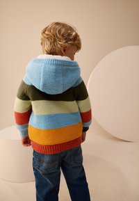 Gestrickter Kapuzenpullover in mehrfarbigen Streifen: Blau, Grün, Orange, Rot, mit weicher Textur und geripptem Saum, getragen zu Jeans.