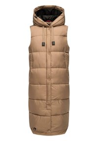 Gilet matelassé beige avec capuche, présentant un design à côtes verticales, des fermetures à pression à l'avant et des poches latérales. L'intérieur est noir avec des accents contrastés.