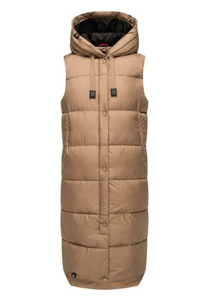 Gilet matelassé beige avec capuche, présentant un design à côtes verticales, des fermetures à pression à l'avant et des poches latérales. L'intérieur est noir avec des accents contrastés.