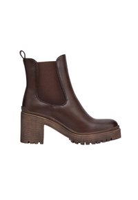 Brun läderankelboots med elastiska sidopaneler, rund tå och en texturerad brun klack i blockformat. Sål med mönster för bra grepp.