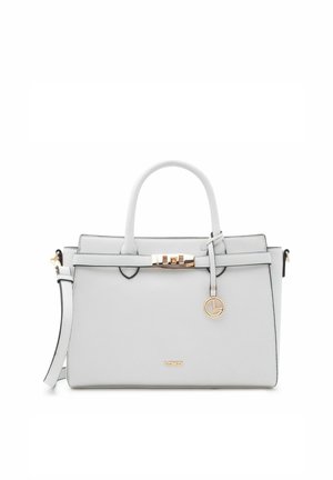 Grau strukturierte Handtasche mit oberen Griffen, abnehmbarem Schulterriemen, einem vorderen Riemen mit goldenem Schlossdetail und einem runden goldenen Logomechanismus.