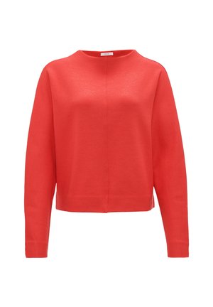 Maglione rosso a maniche lunghe con scollo tondo, forma oversize e fessure laterali. Realizzato in tessuto morbido e leggero. Dettaglio cucitura sul davanti.