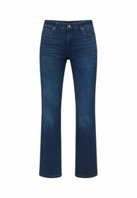 Jeans in denim blu scuro con design a gamba dritta, cinque tasche, chiusura frontale con bottoni e leggero scolorimento per texture e dettaglio.