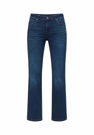 Vaqueros de mezclilla azul oscuro con diseño de pierna recta, cinco bolsillos, cierre frontal con botones y un ligero desgaste para aportar textura y detalle.