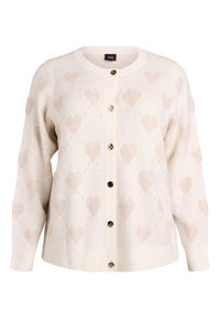 Balts kardigans ar sirsniņu rakstu gaiši bēšā krāsā, ar apaļu kakla izgriezumu, ribotām aprocēm un zelta toņa pogām priekšpusē.