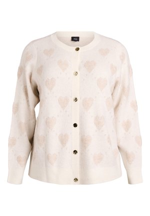 White cardigan with a heart pattern in light beige, featuring a round neckline, ribbed cuffs, and gold-tone buttons down the front.