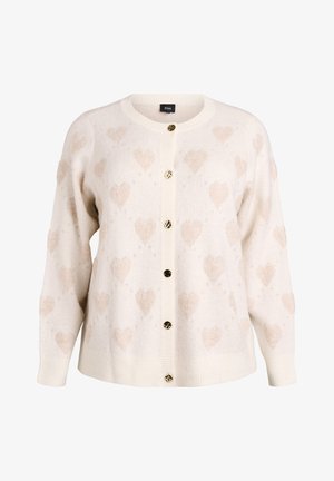 White cardigan with a heart pattern in light beige, featuring a round neckline, ribbed cuffs, and gold-tone buttons down the front.