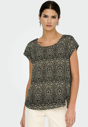 Black and cream geometric-patterned short-sleeve top with a relaxed fit and scoop neckline. Lightweight fabric with a smooth texture.