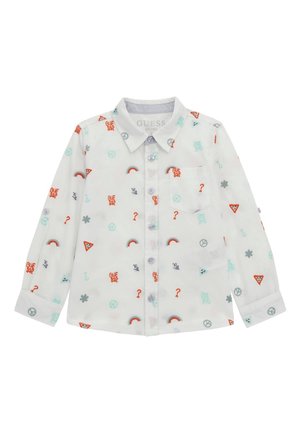 Biała koszula na długi rękaw zapinana na guziki, ozdobiona małymi kolorowymi symbolami, takimi jak tęcze, znaki pokoju, znaki zapytania oraz logo "GUESS".