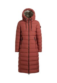 Lange gewatteerde jas in roestkleur, voorzien van een capuchon, twee zijzakken met rits, een ritssluiting aan de voorkant en een glanzende zilveren voering.