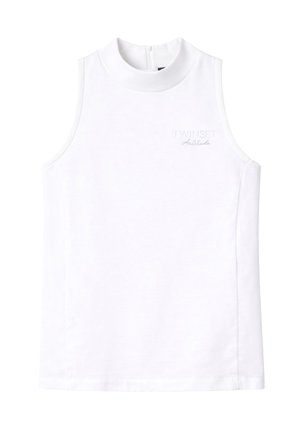 Top bianco senza maniche con collo alto aderente, piccolo logo "Twinset Attitude" sul petto superiore sinistro e chiusura con cerniera sul retro.