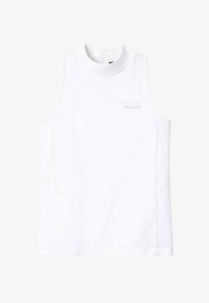 Top bianco senza maniche con collo alto aderente, piccolo logo "Twinset Attitude" sul petto superiore sinistro e chiusura con cerniera sul retro.