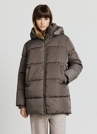 Puffer jacket in dark taupe, featuring a zip closure, a hood, and striped pattern stitching. Lightweight with a smooth, shiny finish.