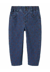 Denim pants with an elastic waistband, featuring a dark blue color, heart-shaped red patterns, two front pockets, and a standard fit.