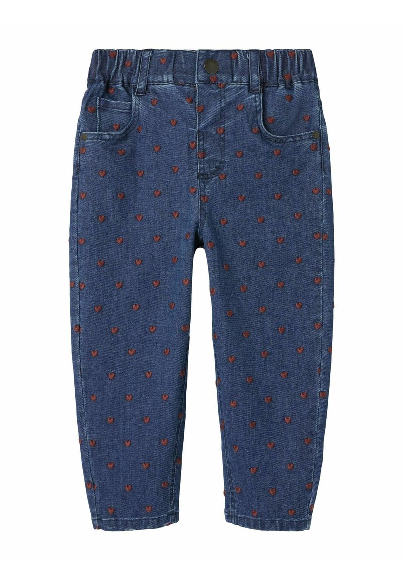 Denim pants with an elastic waistband, featuring a dark blue color, heart-shaped red patterns, two front pockets, and a standard fit.