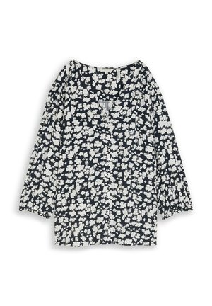 Must pikkade varrukatega pluus valgete lillede mustriga, V-kaelusega ja kergelt kogutud varrukatega.