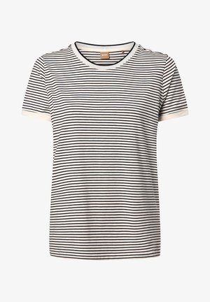 Gestreept t-shirt in gebroken wit met zwarte horizontale strepen, voorzien van een ronde hals en korte mouwen met contrasterende boorden.