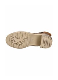 Sole di scarpa in pelle marrone con una base in gomma color tan chiaro, caratterizzata da linee verticali e una grafica di un unicorno. Il marchio è visibile vicino al tallone.