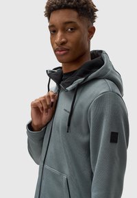 Hellegraue Zip-Hoodie aus strukturiertem Stoff, mit verstellbarem Kordelzug und Fronttaschen. Mit Logo-Patch am linken Ärmel.