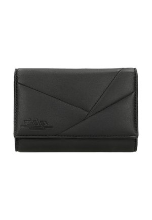 Portefeuille en cuir noir avec couture géométrique et un logo embossé subtil sur le rabat avant, présenté fermé sur fond blanc.
