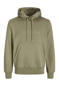 Khaki hoodie met een voorzak in kangoeroestijl, een trekkoordkap en reliëfletters "ORIGINALS" op de borst. Ribben bij de mouwen en onderkant.