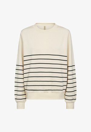 Hellbeige Sweatshirt mit schwarzen horizontalen Streifen, runder Halsausschnitt, langen Ärmeln und gerippten Bündchen. Weicher Stoff und lässiges Design.