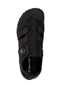Black athletic shoe with mesh upper, synthetic accents, adjustable dial closure, and textured rubber sole designed for traction.
