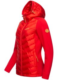 Rote Kapuzenjacke mit gestepptem Design auf der Vorderseite, weichen Stoffärmeln, Reißverschlusstaschen und einem Logopatch am Oberarm.