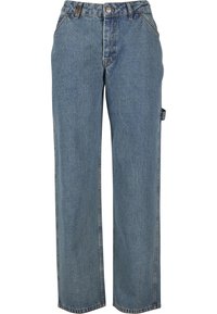 Kék egyenes szárú farmer, elülső gombbal és cipzárral, övbújtatókkal, elülső zsebekkel és jobb lábszáron oldalsó hurkokkal.