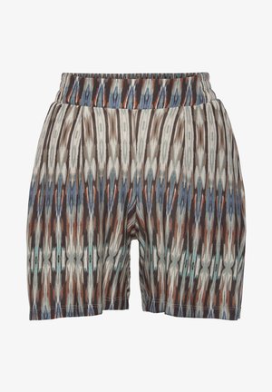 Bunte Shorts mit elastischem Bund, die ein geometrisches Muster in Blau, Rot und neutralen Tönen aufweisen. Das Material scheint leicht zu sein.