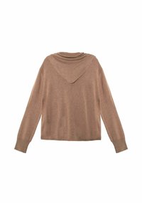 Jersey de punto marrón con capucha, mangas largas y puños acanalados. La tela tiene una textura suave con un ajuste relajado y dobladillo recto.