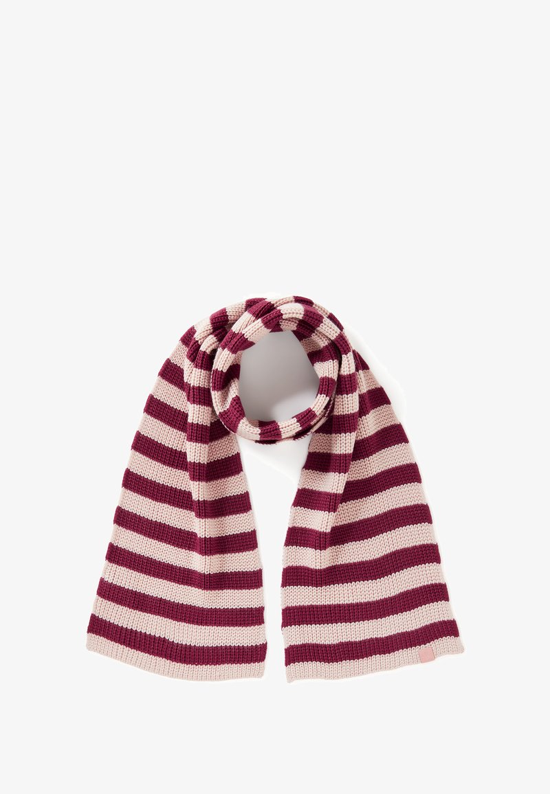 Écharpe en tricot présentant des rayures horizontales de couleur bordeaux et rose clair en alternance, avec une texture lisse et une petite étiquette de logo à l'extrémité.