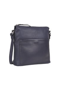 Marineblaues Leder-Crossbody-Tasche mit einer genarbten Textur, Reißverschluss und vorderer Einschubtasche. Verstellbarer Tragegurt und minimalistisches Design.