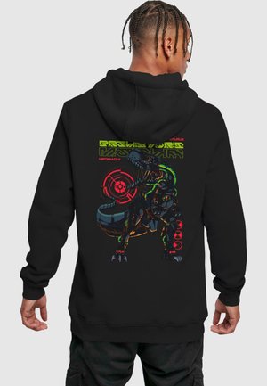 Black hoodie featuring a colorful graphic of a robotic dinosaur with neon accents and text. Design includes a detailed illustration and geometric shapes.