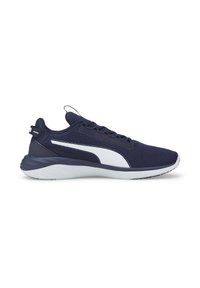 Scarpe da corsa in rete navy con accenti bianchi, design profilato, punta rotonda, chiusura con lacci e suola in gomma texturizzata per una migliore aderenza.
