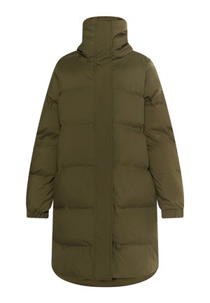 Olivengrøn pufferjakke med høj krave, fuldlængde lynlås, lange ærmer og ribbede manchetter. Glat tekstur, knælængde design.